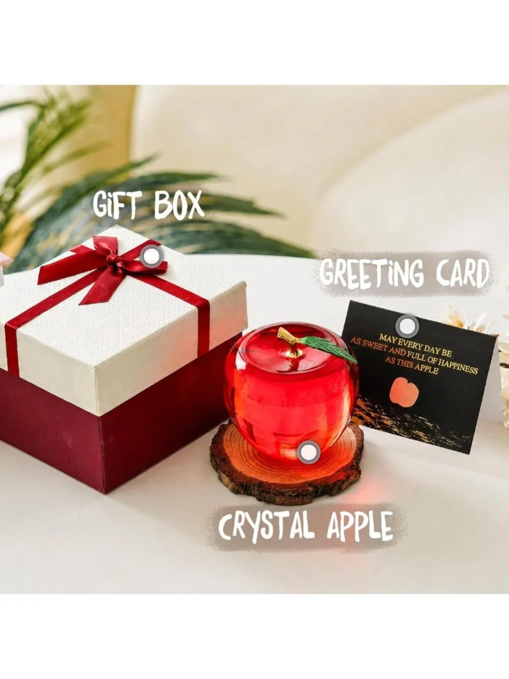 Elegant Crystal Apple Paperweight - Clear Glass Decor with Gold Stem, Perfect